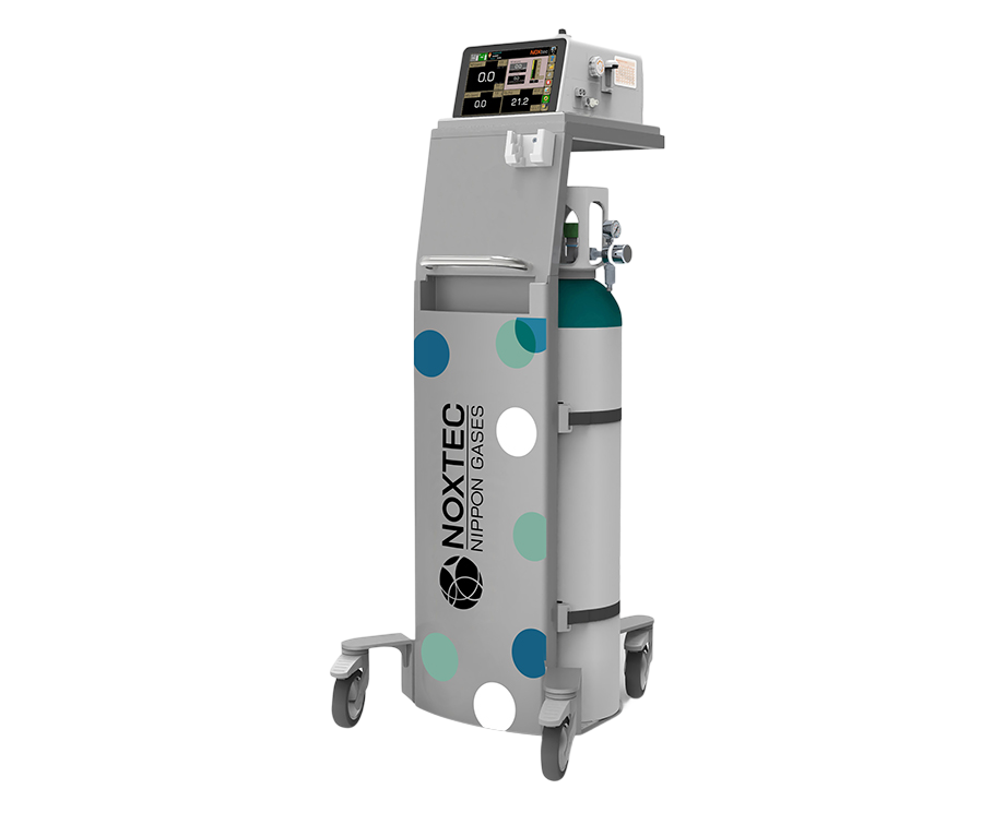 Portable NOXtec medical gas delivery device with integrated monitor and gas cylinder mounted on a wheeled cart.