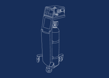 Line drawing of a mobile medical device with a monitor and gas cylinder mounted on a wheeled cart against a dark blue background.